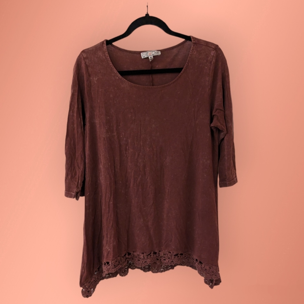 Red Mauve Faded Medium Sleeve Loose Flowy Lace Trimmed Blouse